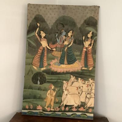 H543 "Krishna Is In The Garden" 18th Century Fabric Art