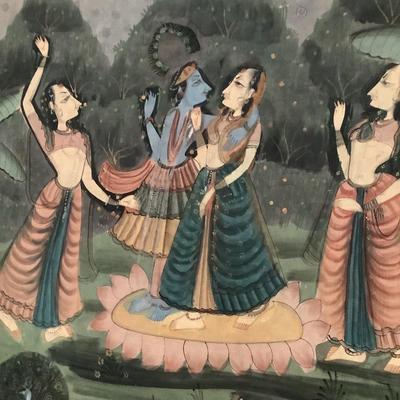 H543 "Krishna Is In The Garden" 18th Century Fabric Art