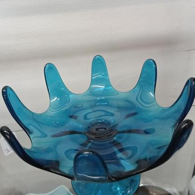 Vintage Viking Mid Century Modern Bluenique Blue Glass (8 Petal) Pedestal Bowl