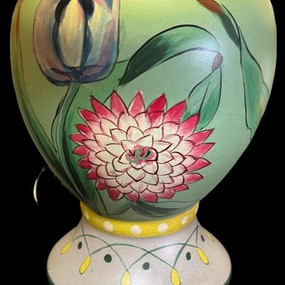 Vintage Brightly Painted Table Lamp with with Lantern Style Metal Shade