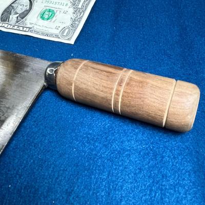 WOOD HANDLED VINTAGE CLEAVER MARKED MADE IN JAPAN WITH CHINESE CHARACTERS