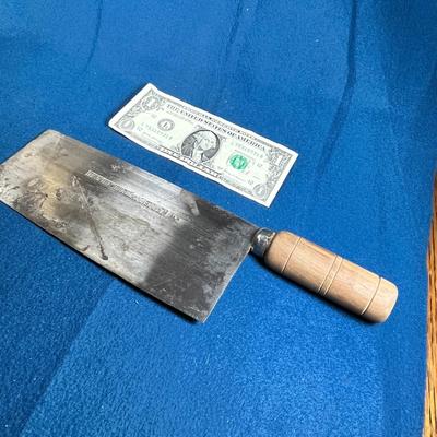 WOOD HANDLED VINTAGE CLEAVER MARKED MADE IN JAPAN WITH CHINESE CHARACTERS