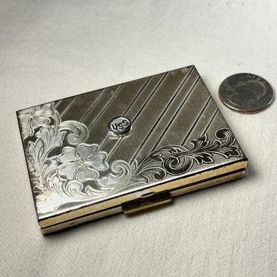 FANCY VINTAGE COMPACT WITH MIRROR MARKED USS, ETCHED FLOWERS ON CASE