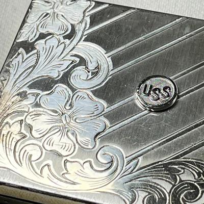 FANCY VINTAGE COMPACT WITH MIRROR MARKED USS, ETCHED FLOWERS ON CASE