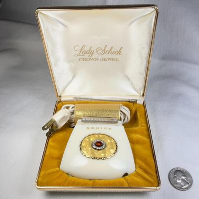 VINTAGE LADY SCHICK "CROWN JEWEL" ELECTRIC SHAVER IN VELVET LINED CASE, VERY NICE CONDITION!