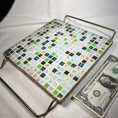 RETRO MOSAIC TILE TRIVET WITH BRASS STAND AND HANDLES