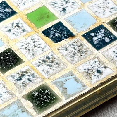 RETRO MOSAIC TILE TRIVET WITH BRASS STAND AND HANDLES