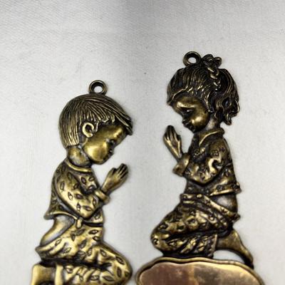 PRAYING BOY AND GIRL BRASS ORNAMENTS PAIR, NICE DETAIL