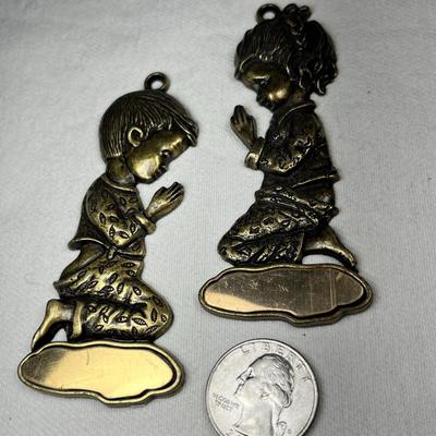 PRAYING BOY AND GIRL BRASS ORNAMENTS PAIR, NICE DETAIL