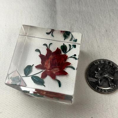 PRETTY CLEAR LUCITE BLOCK WITH RED FLOWER ENGRAVED IN BOTTOM
