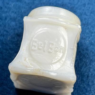 ANTIQUE SMALL EMBOSSED MILK GLASS JAR "BELBON" 