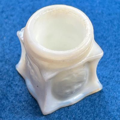 ANTIQUE SMALL EMBOSSED MILK GLASS JAR "BELBON" 