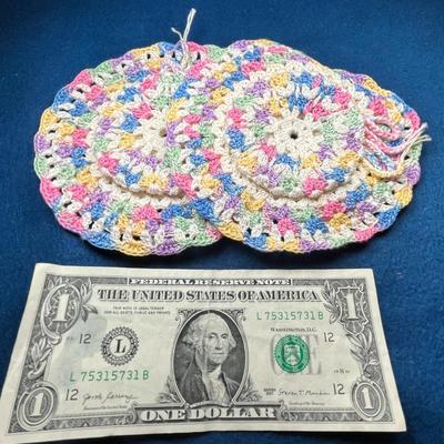 PAIR OF VINTAGE COLORFUL CROCHETED FANCY POT HOLDERS
