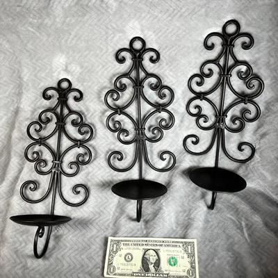 SET OF 3 MATCHING SCROLLED METAL CANDELABRA WALL SCONCES