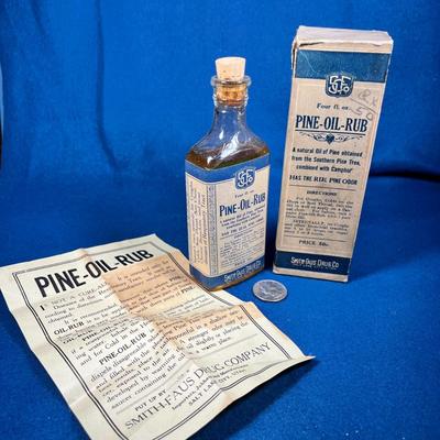 ANTIQUE DRUG STORE MEDICINAL PINE-OIL-RUB BOTTLE IN BOX 