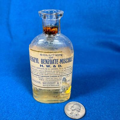 ANTIQUE DRUG STORE MEDICINAL BENZYL BENZOATE-MISCIBLE BOTTLE 