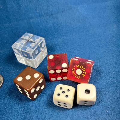 GROUP OF 6 VARIOUS DICE- PAIR FROM MONTE CARLO CASINO, ONE CLEAR LUCITE, ETC.
