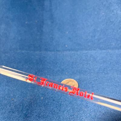 GLASS SWIZEL STICK FROM ST. FRANCIS HOTEL IN SAN FRANCISCO