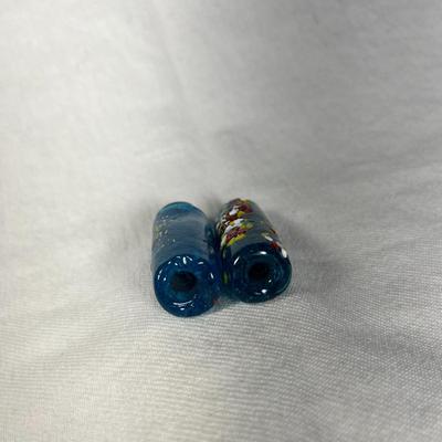 PAIR OF PAINTED BLUE ART GLASS TUBULAR BEADS