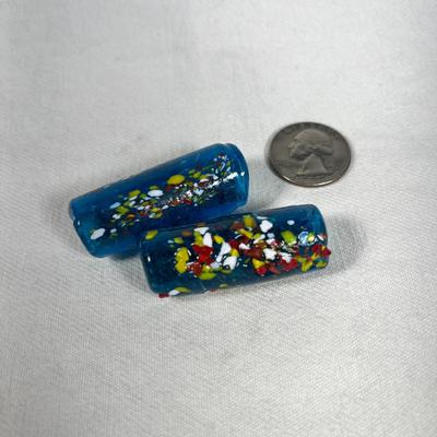 PAIR OF PAINTED BLUE ART GLASS TUBULAR BEADS