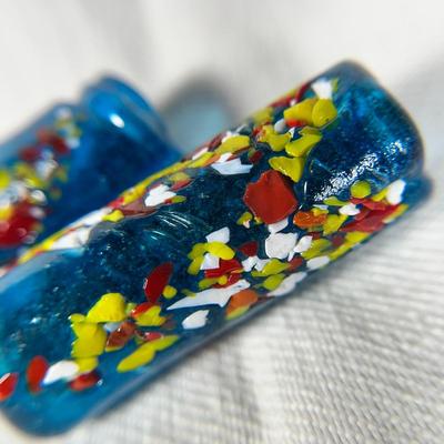 PAIR OF PAINTED BLUE ART GLASS TUBULAR BEADS