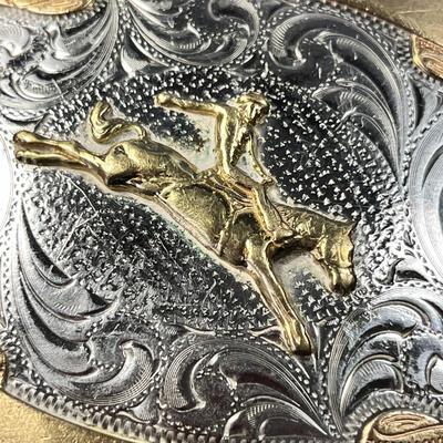 HUGE FANCY GOLD- & SILVER-TONE BELT BUCKLE WITH BUCKING BRONCO & RIDER EMBLEM