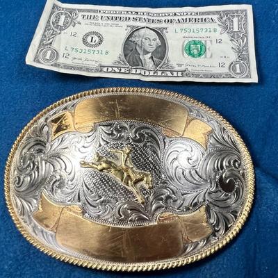 HUGE FANCY GOLD- & SILVER-TONE BELT BUCKLE WITH BUCKING BRONCO & RIDER EMBLEM