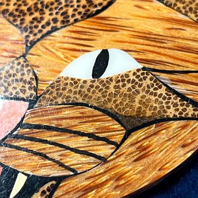 BEAUTIFUL INLAID WOOD CAT EMBLEM