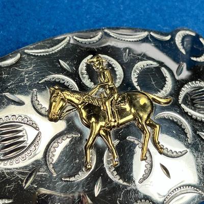 BIG GOLD- & SILVER-TONE BELT BUCKLE WITH COWBOY ON HORSE EMBLEM