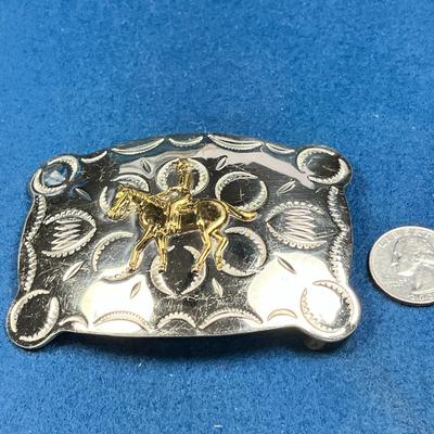 BIG GOLD- & SILVER-TONE BELT BUCKLE WITH COWBOY ON HORSE EMBLEM