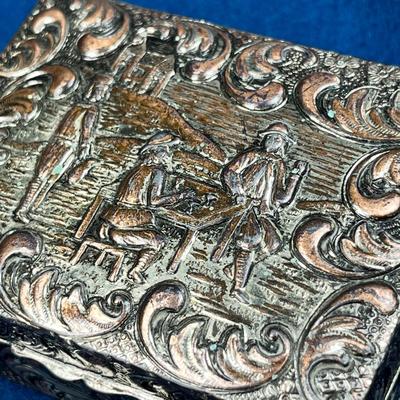 FANCY EMBOSSED METAL LIDDED BOX, WOOD LINED, OLD WORLD SCENE