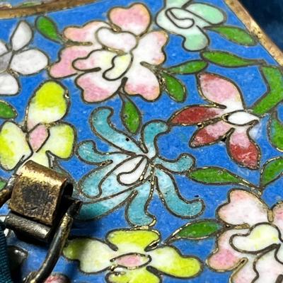 BEAUTIFUL SMALL CLOISONNE PURSE NECKLACE WITH SILK CORD STRAPS and TASSLE