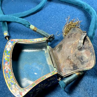 BEAUTIFUL SMALL CLOISONNE PURSE NECKLACE WITH SILK CORD STRAPS and TASSLE