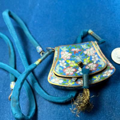 BEAUTIFUL SMALL CLOISONNE PURSE NECKLACE WITH SILK CORD STRAPS and TASSLE