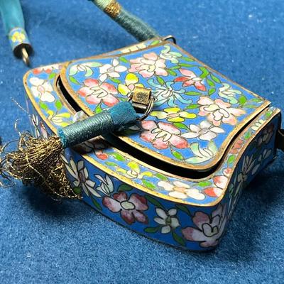 BEAUTIFUL SMALL CLOISONNE PURSE NECKLACE WITH SILK CORD STRAPS and TASSLE
