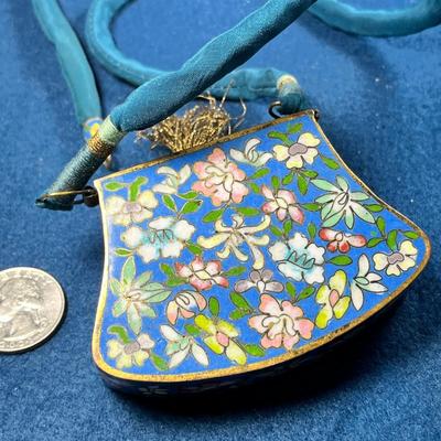 BEAUTIFUL SMALL CLOISONNE PURSE NECKLACE WITH SILK CORD STRAPS and TASSLE