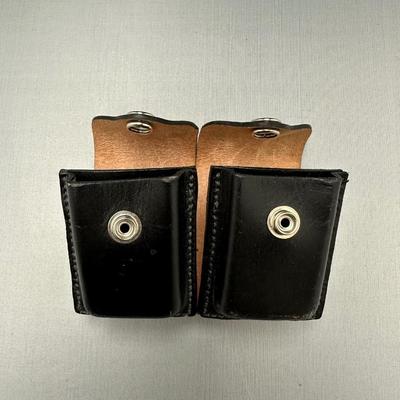 VINTAGE LEATHER POUCH AND BLACK LEATHER DUTY BELT DOUBLE MAGAZINE POUCH