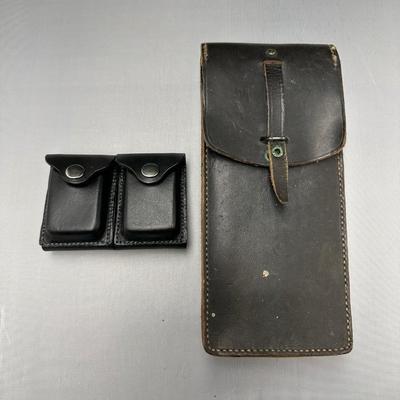 VINTAGE LEATHER POUCH AND BLACK LEATHER DUTY BELT DOUBLE MAGAZINE POUCH