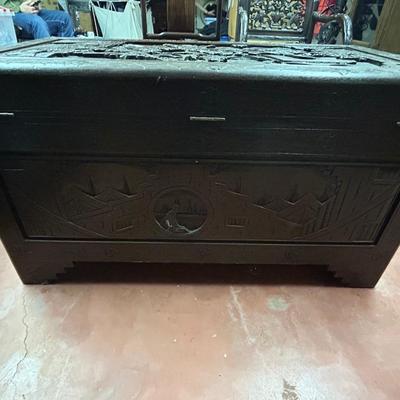 Vintage Asian Hand Carved Wooden Storage Chest