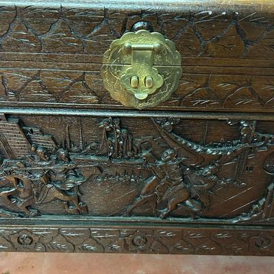 Vintage Asian Hand Carved Wooden Storage Chest