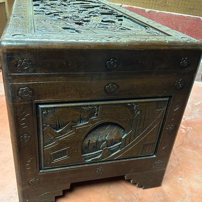Vintage Asian Hand Carved Wooden Storage Chest