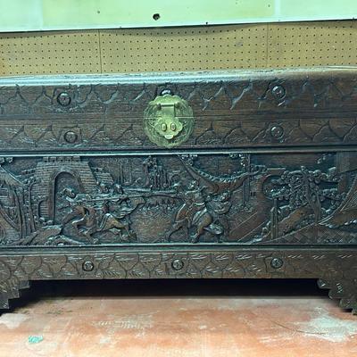 Vintage Asian Hand Carved Wooden Storage Chest