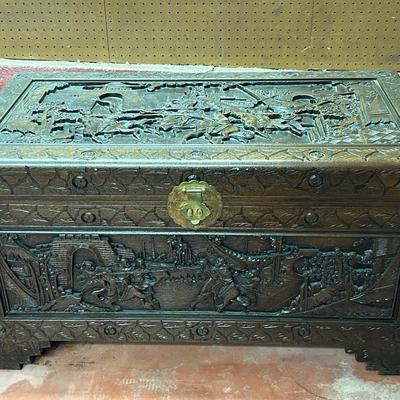 Vintage Asian Hand Carved Wooden Storage Chest