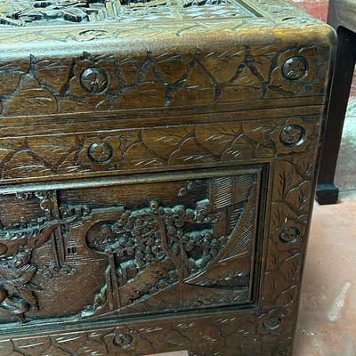 Vintage Asian Hand Carved Wooden Storage Chest