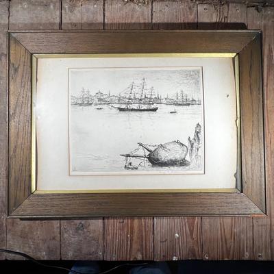 N409 Antique Signed George Plowman Etching Print
