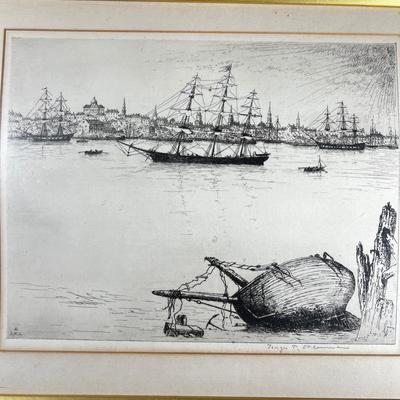 N409 Antique Signed George Plowman Etching Print