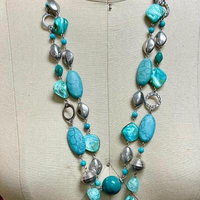 Faux Soiver & Turquoise 2 Strand Necklace Costume Jewelry by Jane Bryant