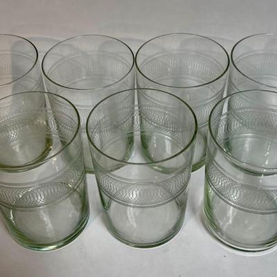 Old Glass Beverage Glass Set with Spirograph Design Band at top