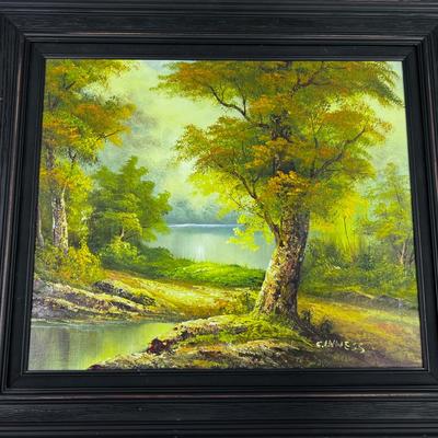 Framed Oil Painting C. Inness Tree Down by the Lake