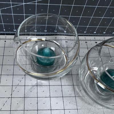 3 Glass Abstract Design with Gold Wire Trim Candle Holders With Votives 